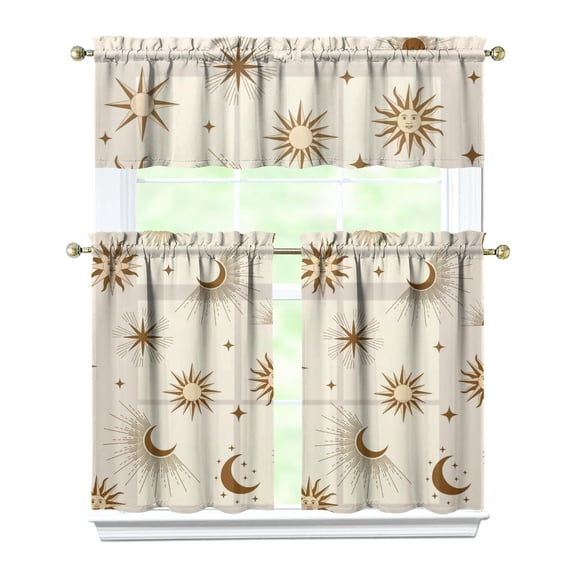 Eclipse Gothic Kitchen Curtains Set Celestial Sun Moon Astrology Print Starry Night Cosmic Aesthetic Mystical Golden Witchy Spiritual Tier and Valance Rod Pocket Curtains for Kitchen or Living Room