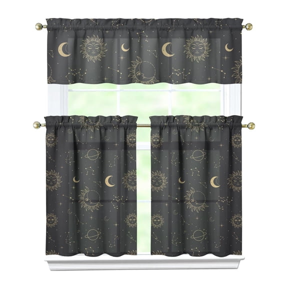Eclipse Gothic Kitchen Curtains Set Celestial Sun Moon Astrology Print Starry Night Cosmic Aesthetic Mystical Golden Witchy Spiritual Tier and Valance Rod Pocket Curtains for Kitchen or Living Room