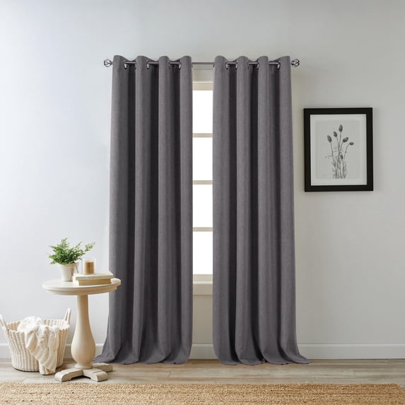 Eclipse Hadley 100% Blackout Curtain Panel, Linen Blend Grommet Window Curtain, 1 Panel, 50 In Wide x 84 In Long, Charcoal