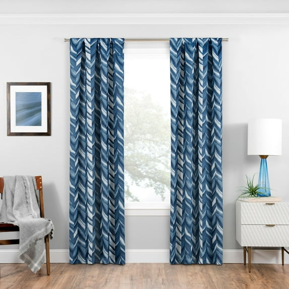 Eclipse Haley Brush Stroke Chevron Pleated Blackout Rod Pocket Curtain Single Panel, Blue, 37" x 84"