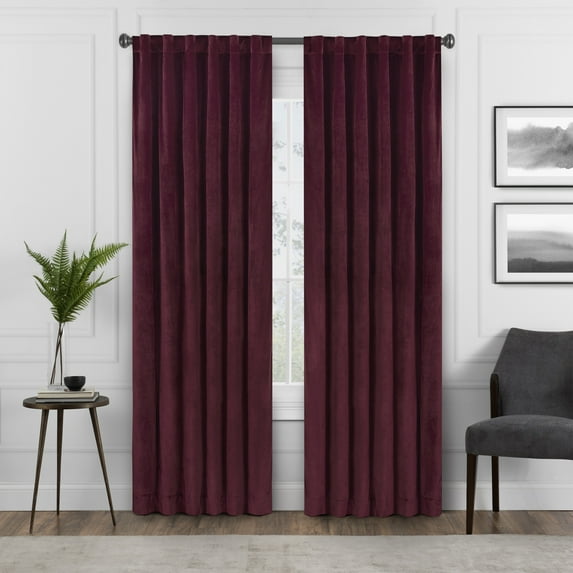 Eclipse Harper Velvet Absolute Zero 100% Blackout Rod Pocket With Back Tab Window Curtain Panel, Red Wine, 50 X 63 In
