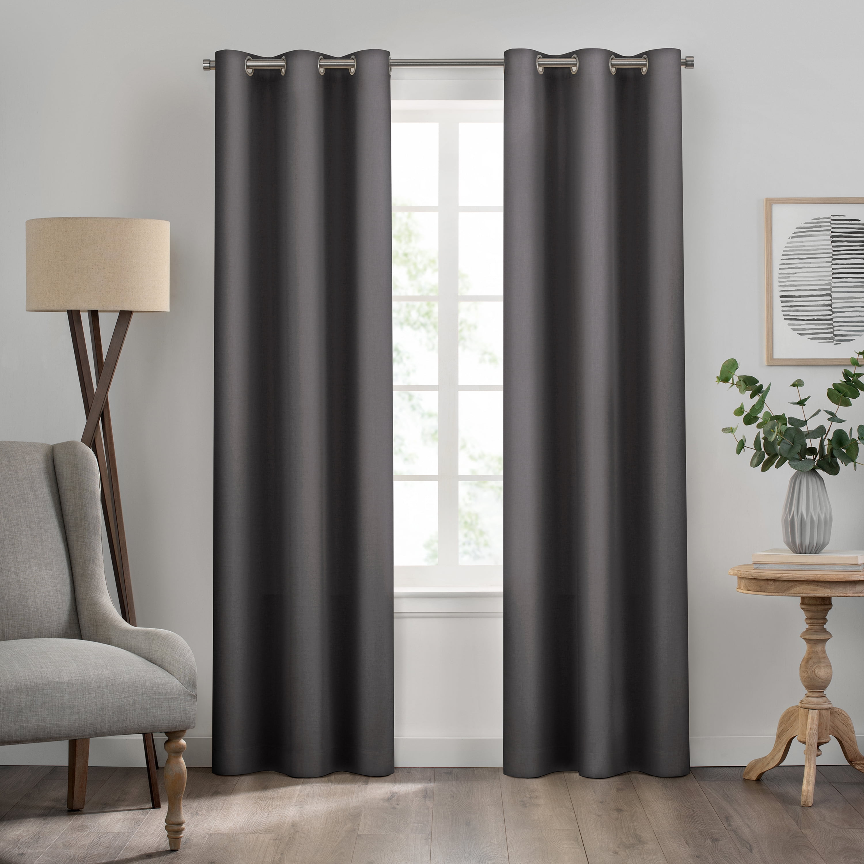 Charcoal Blackout Grommet Top Polyester Window Drapes