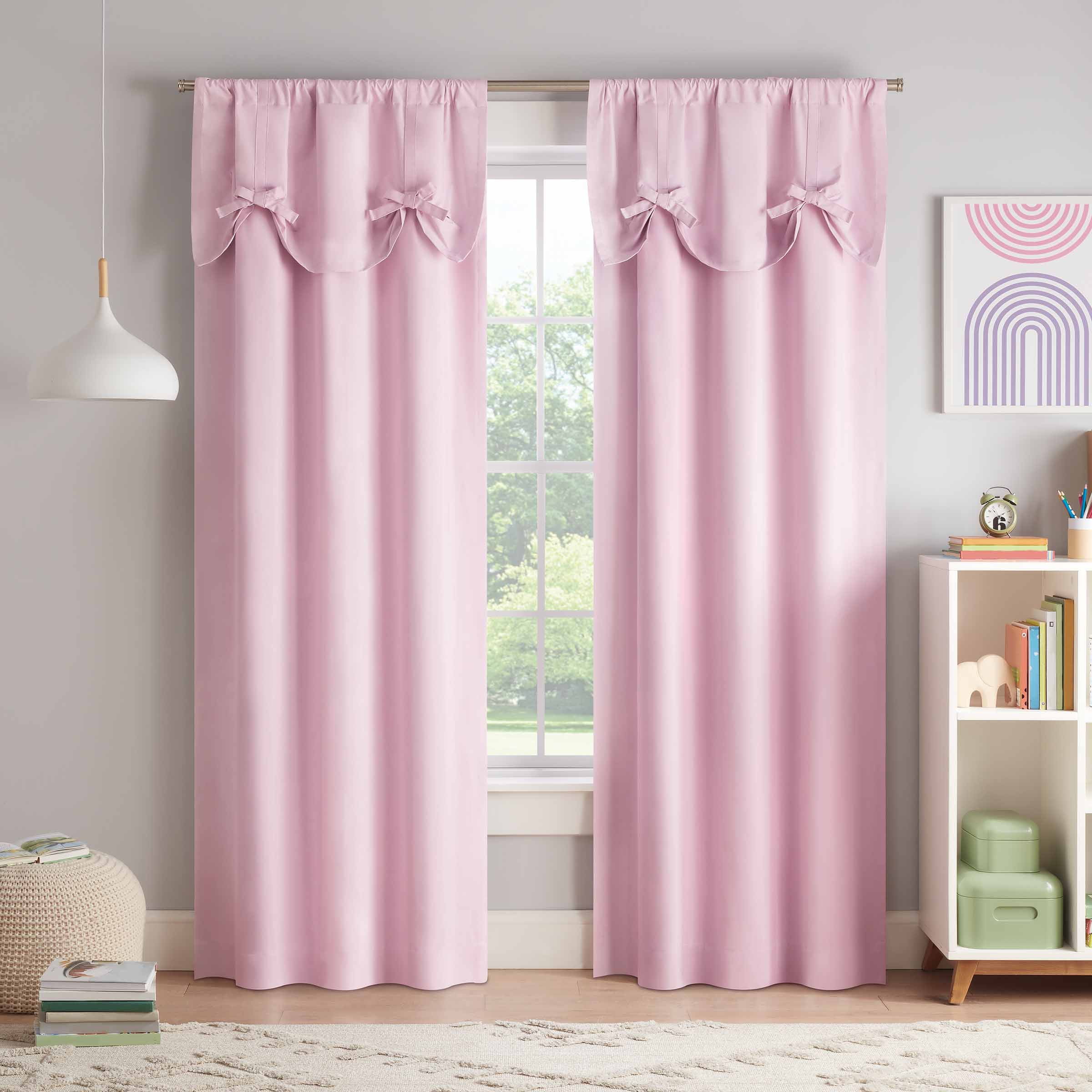 Pink Polyester Kids Blackout Curtain Panel with Bow Tie Valance
