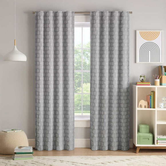 Eclipse Kids Dot Clip 100% Blackout Rod Pocket Back Tab 84" long x 40" wide Curtain panel in Grey