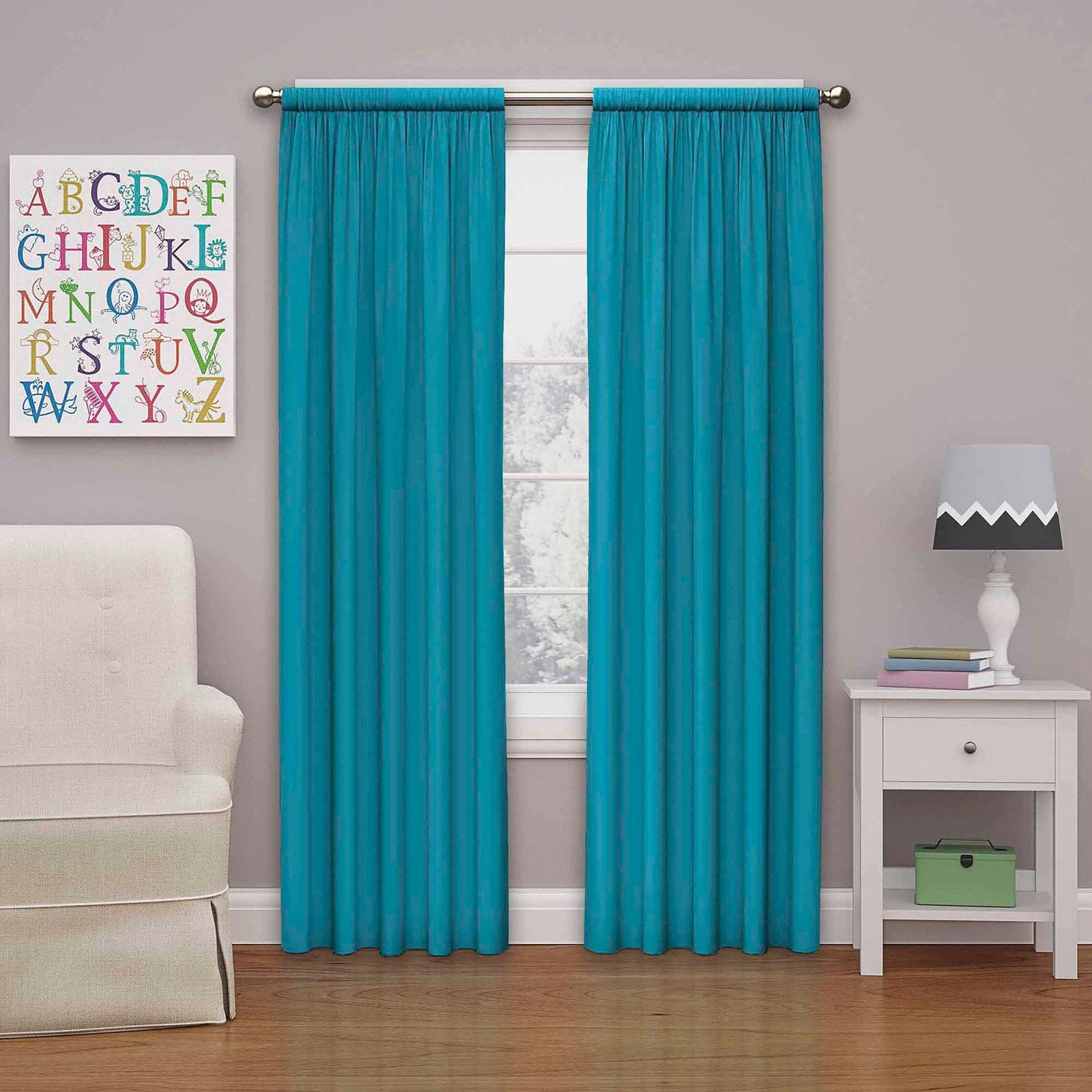 Eclipse Kids Solid Microfiber Blackout Rod Pocket Single Window Curtain Panel, Rich Teal, 42 x 84