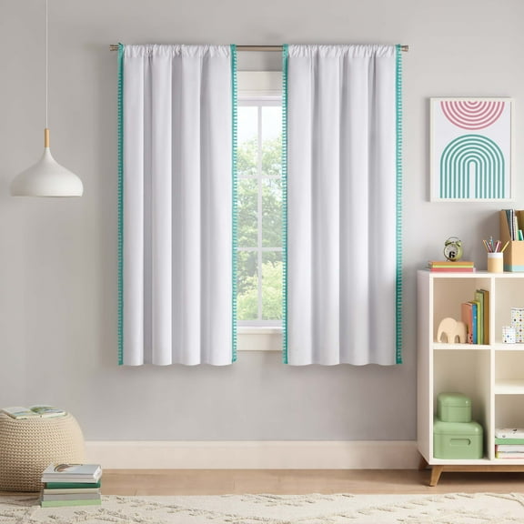 Eclipse Kids Tassel Border 100% Blackout Rod Pocket 63" long x 40" wide Curtain panel in White/Teal