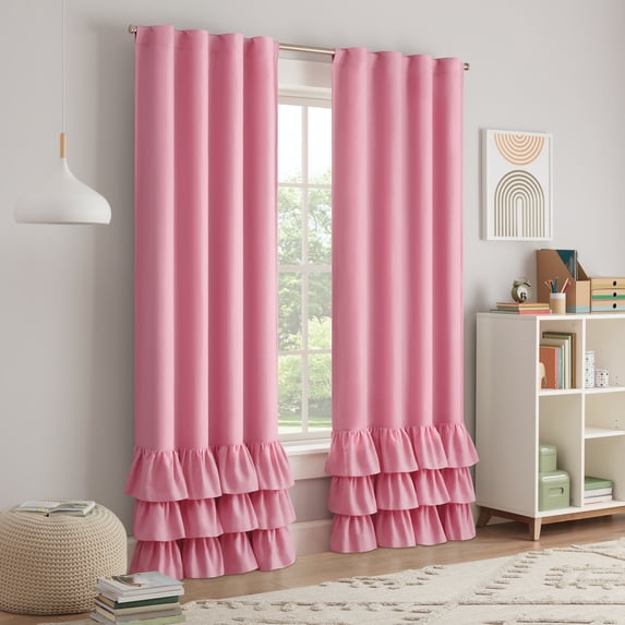 Eclipse Kids Tiered Ruffle Solid 100% Blackout Back Tab 84" long x 40" wide Curtain panel in Pink