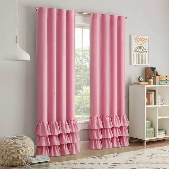 Eclipse Kids Tiered Ruffle Solid 100% Blackout Back Tab 84" long x 40" wide Curtain panel in Pink