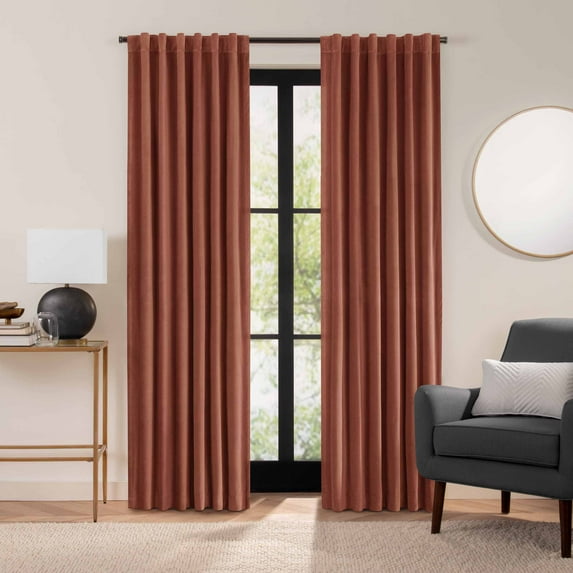 Eclipse Luxury Cotton Velvet 100% Blackout Rod Pocket Back Tab 96" x 50" Curtain Window Panel in Copper