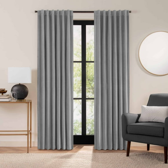 Eclipse Luxury Cotton Velvet 100% Blackout Rod Pocket Back Tab 96" x 50" Curtain Window Panel in Dark Grey