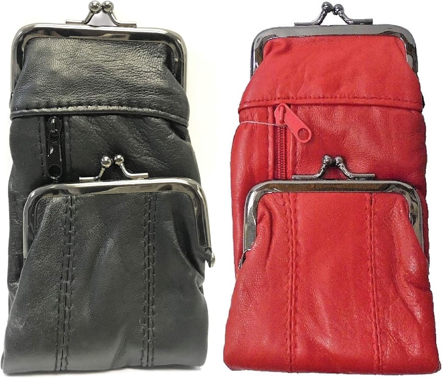 Eclipse Luxury Full Lamb Skin Cigarette Case Pouch, Coin Purse w/ 2 Snap Closure & A Zipper Pocket, Holds 120s Size (X-Long) , 3212Z (Choose Your Own Colors!) (Black & Red)
