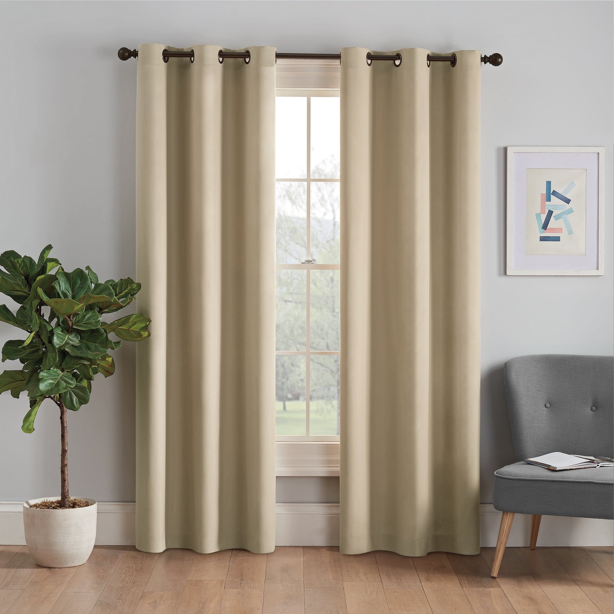 Eclipse Microfiber Blackout Grommet Curtains, Solid Thermaback Window Curtains (1 Panel), 42 In wide x 63 In long, Beige