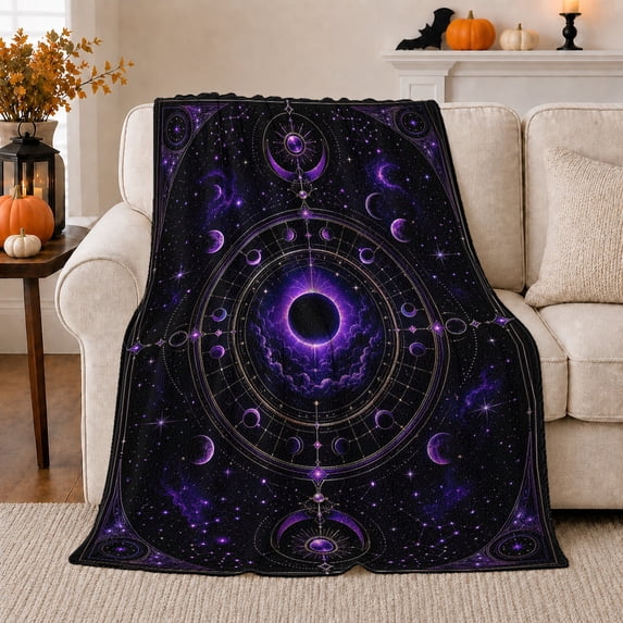 Eclipse Moon Phase Wheel Stars and Purple Galaxy Border Art, Soft Flannel Blanket, Home Decor for Women, Bedroom and Lounge, Halloween Gift, Mystic Celestial Pattern