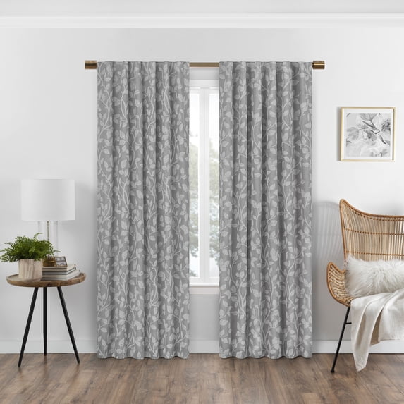 Eclipse Nora Floral Print Absolute Zero 100% Blackout Rod Pocket Single Window Curtain Panel, Grey, 50 x 84