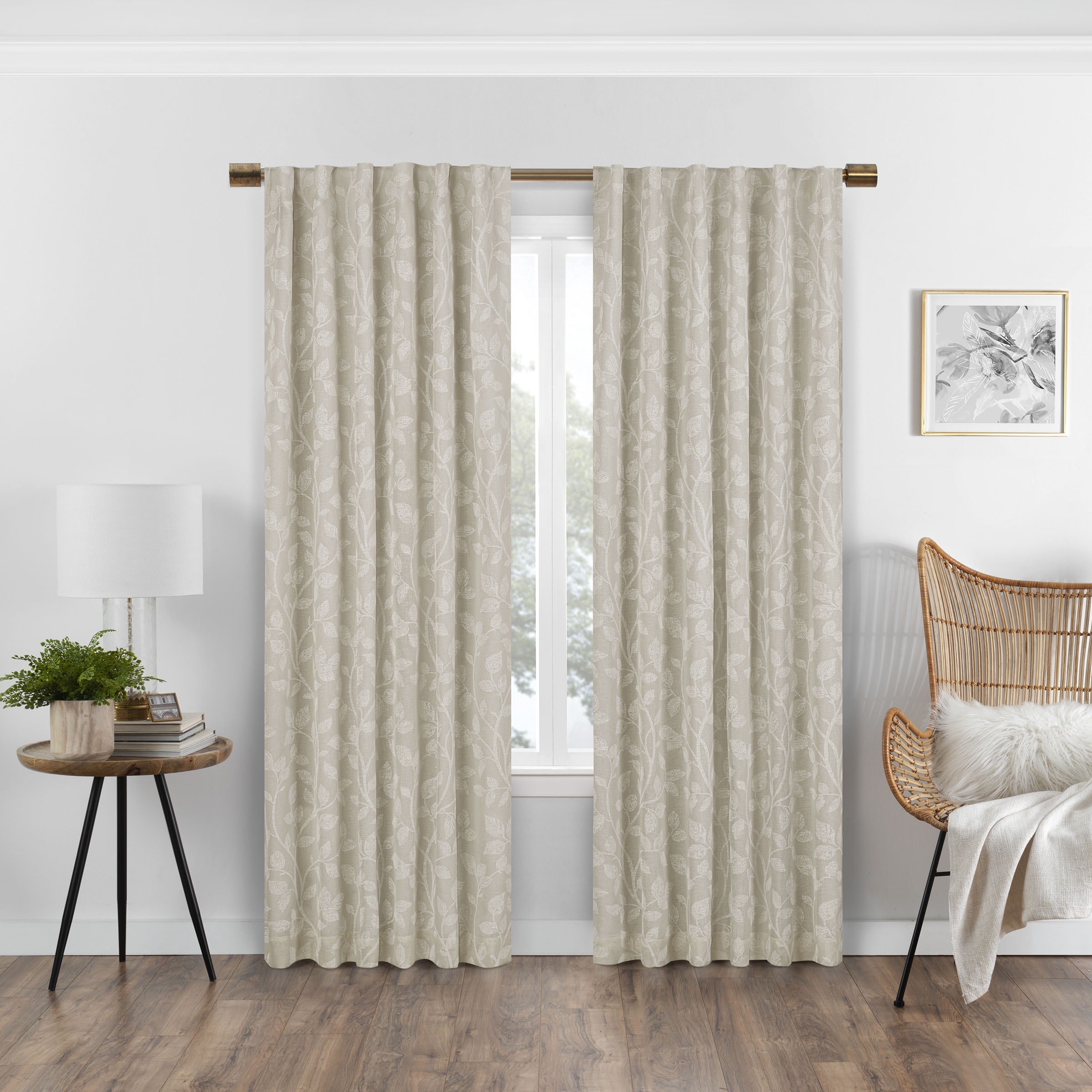 Eclipse Nora Floral Print Absolute Zero 100% Blackout Rod Pocket Single Window Curtain Panel, Linen Beige, 50 x 108