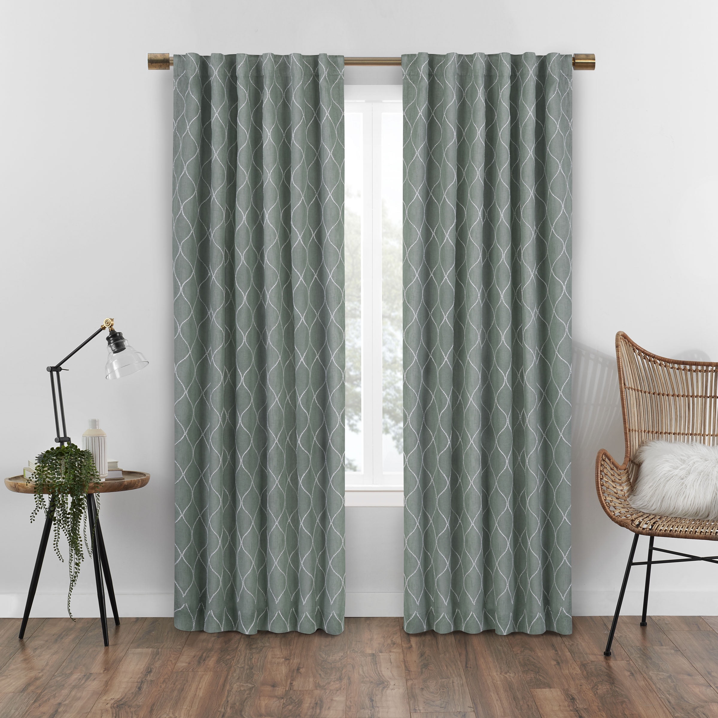 Eclipse Nora Geometric Embroidery Absolute Zero 100% Blackout Rod Pocket Single Window Curtain Panel, Sage Green, 50 x 108
