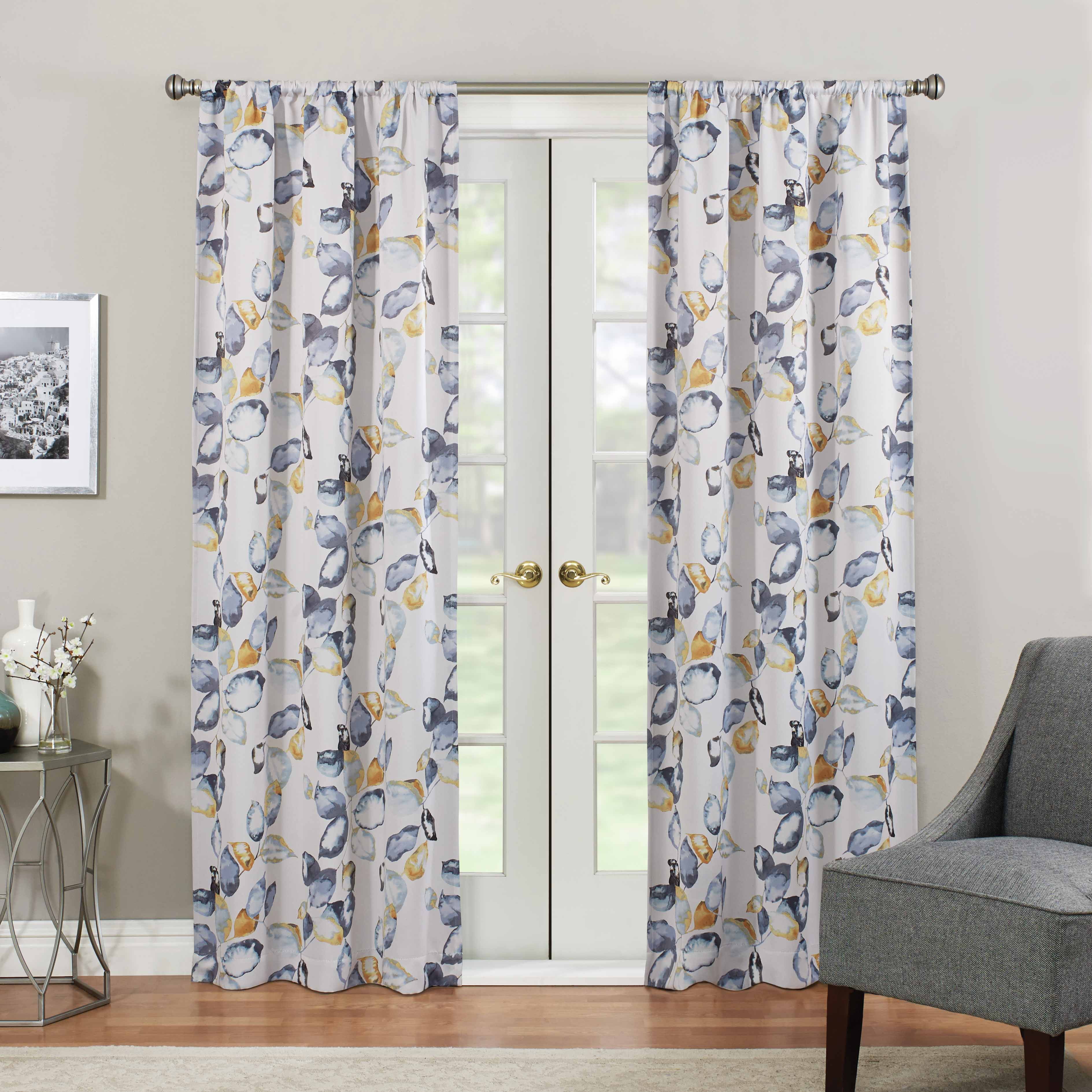 Yellow and Blue Floral Blackout Polyester Curtain Panel