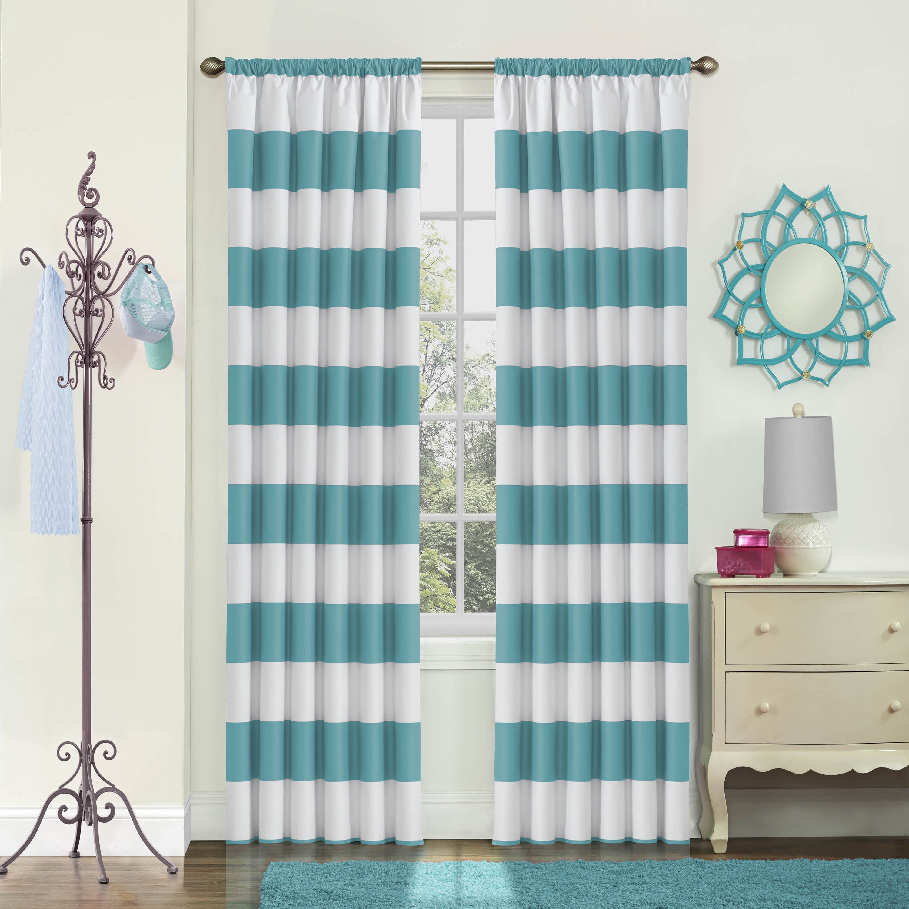 Eclipse Peabody Stripe Room Darkening Rod Pocket Single Window Curtain Panel, Teal, 42 x 84