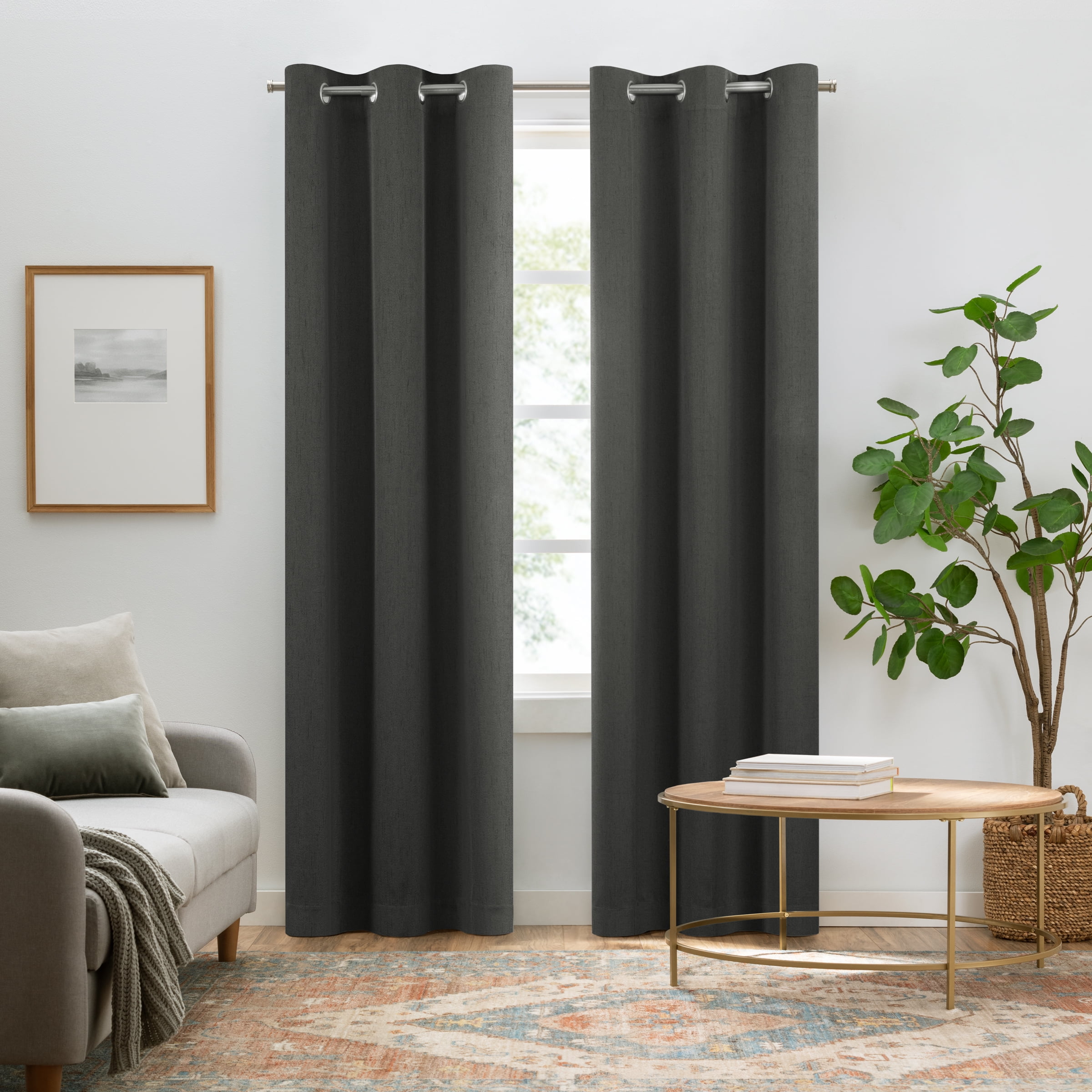 Charcoal Faux Linen Blackout Grommet Window Panels, 63" x 42"