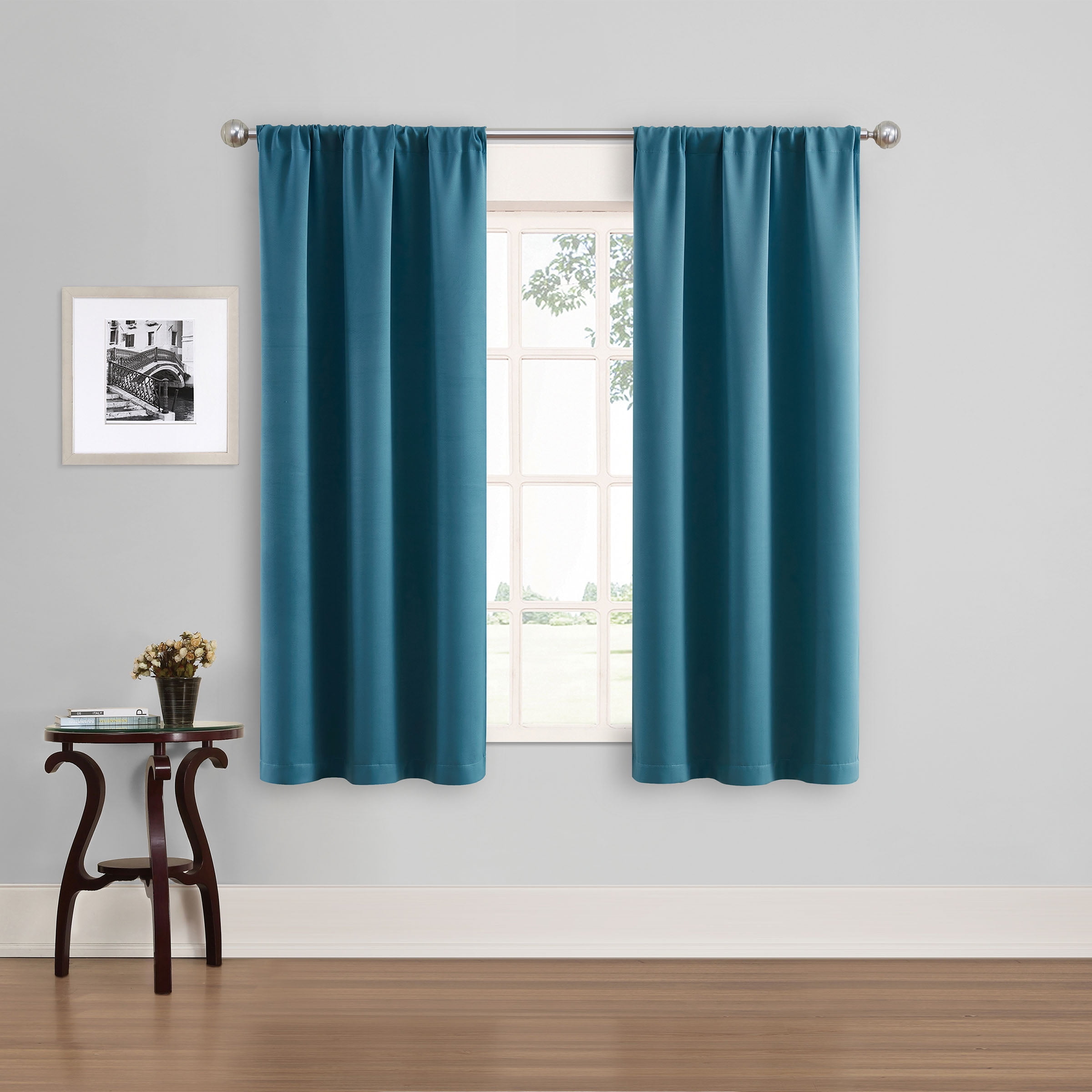 Eclipse Phoenix Solid Color Blackout Rod Pocket Panel Pair, Set of 2, Teal Blue, 37 x 63