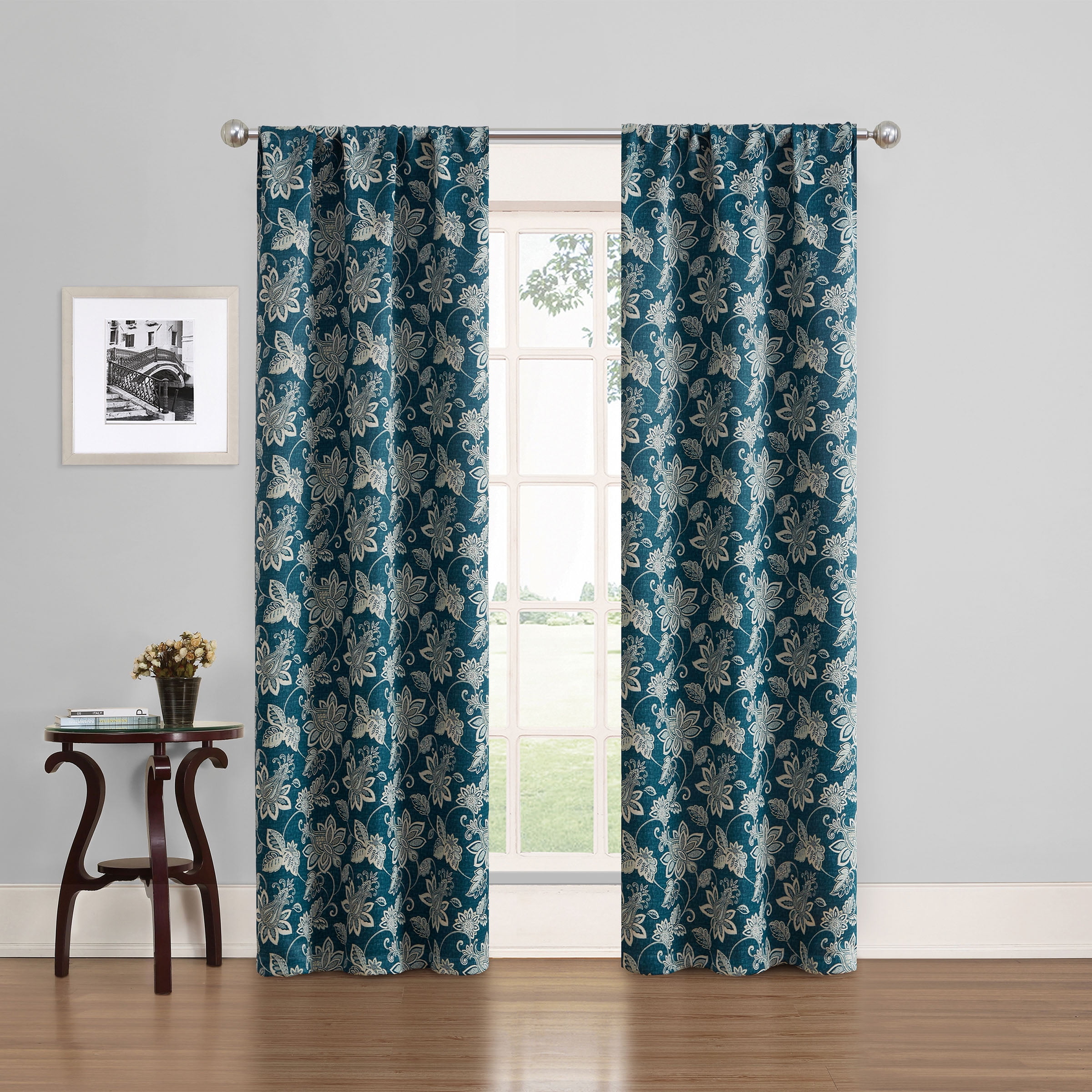 Eclipse Phoenix Solid Blackout Curtains, Set of 2, 84 Inch Long Blackout Curtains, 37"W x 84"L, Indigo Botanical