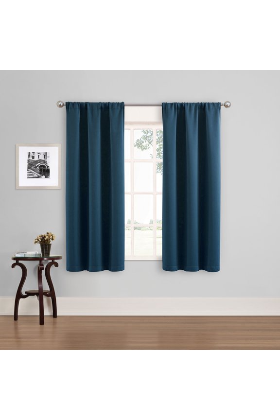 Phoenix Solid Color Blackout Rod Pocket Curtain Panel, Set of 2, Indigo, 37 x 63