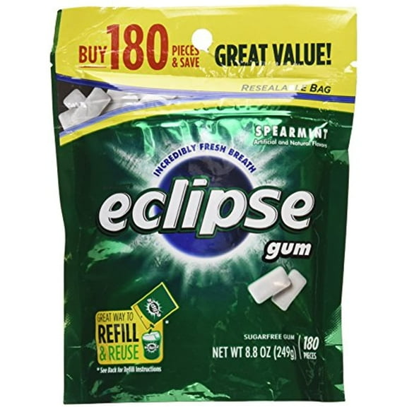 Eclipse Spearmint Sugarfree Gum Refill, 180 Pieces, 8.8 Oz (Pack Of 2)