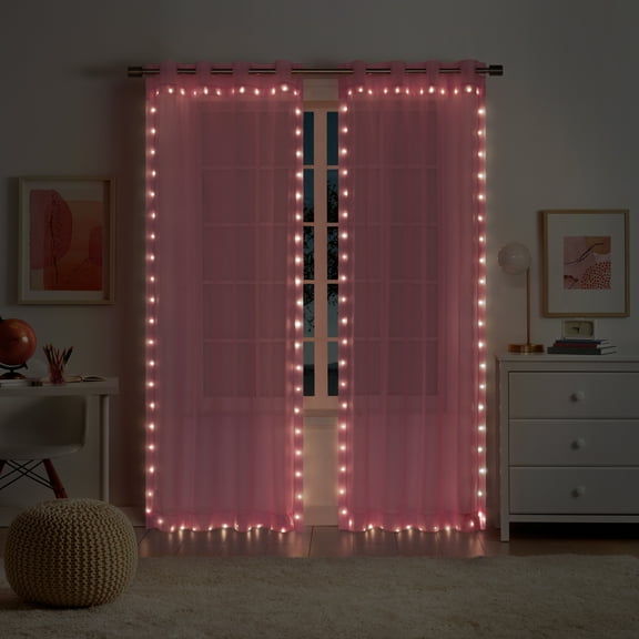 Eclipse Starlight Light Up Sheer Hookless Grommet Curtain, Curtain Lights with Remote Control, Bedroom Curtain, Room Divider or Outdoor Patio, 1 Panel, 63 In Long x 52 In Wide Curtain, Pink