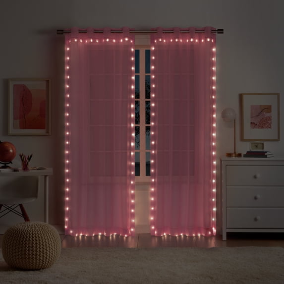 Eclipse Starlight Light Up Sheer Hookless Curtain, 1 Panel, Lights with Remote Control, 84 In x 52 In, Pink