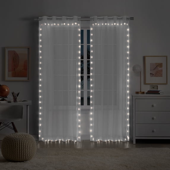 Eclipse Starlight Light Up Sheer Hookless Curtain, 1 Panel, Lights with Remote Control, 84 In x 52 In, White