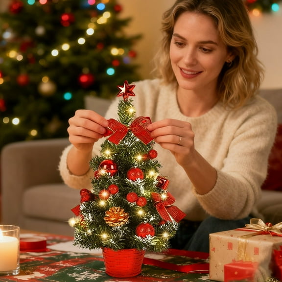 EclipseJewels 16 Inch Pre-Lit Potted Christmas Tree with LED Lights and Decorations, Mini Tabletop Xmas Tree for Office Desk Home Holiday Festive Decor,Gold