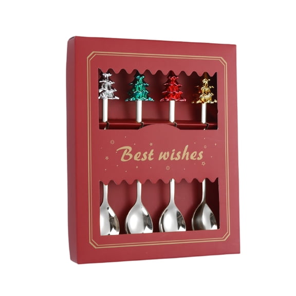 EclipseJewels 4-Piece Christmas Spoons Set with Red Paper Box, Creative Christmas Tree Design Stainless Steel Gold Spoons for Coffee, Dessert, Tea, and Soup, Festive Party Tableware Supplies,Red