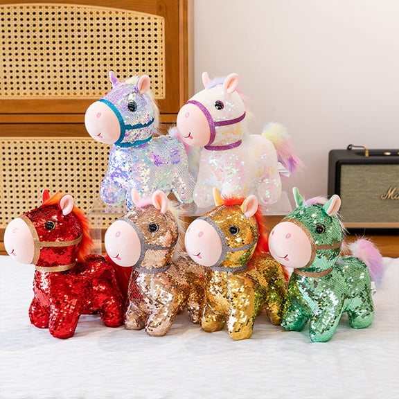 EclipseJewels Sequined Pony Plush Toy Set (4.7-Inch/12cm, 6 Styles), Sparkly Stuffed Animal Figurines, Cute Collectible Dolls for Kids & Decor,white