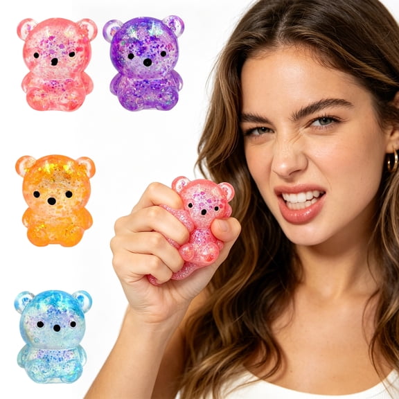 EclipseJewels Squishy Stress Relief ToysGlitter Bear with Iridescent Powder, Random Color Soft Squeeze Fidget, Cute Stress Balls for Collecting and Play