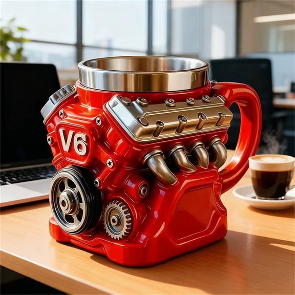 EclipseJewels V6 Engine Coffee Cup, 6.3 Inch Resin and Stainless Steel Mechanical Cup, Retro Motor Part Vessel, Professional Automotive Drinkware Gift,B