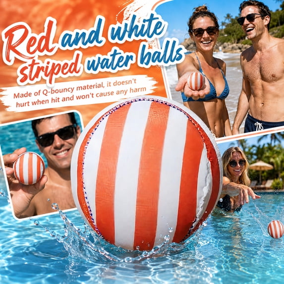 EclipseJewels Water Bouncing Ball – Red White Striped Pool Ball Toy for Swimming Pool, Beach Lake River. Great Pool Party, Water Sports, also as Floating Pool Ball for Adults