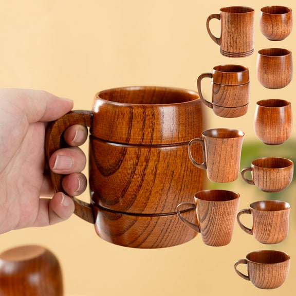 EclipseJewels Wooden Beer Mug & Coffee Cup with Handle, Creative High Temperature Resistant Wood Drinkware for Pub, Home Decor & Unique Gift,A