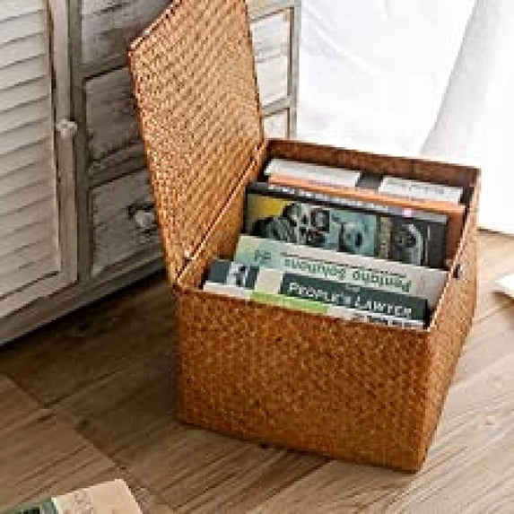 EclipseJewels Woven Rattan Storage Basket with Lid, 10x6x4 Inch Wicker Laundry & Desktop Organizer Box, Decorative Storage Basket for Blankets, Toys, Magazines & Living Room Decor,yellow