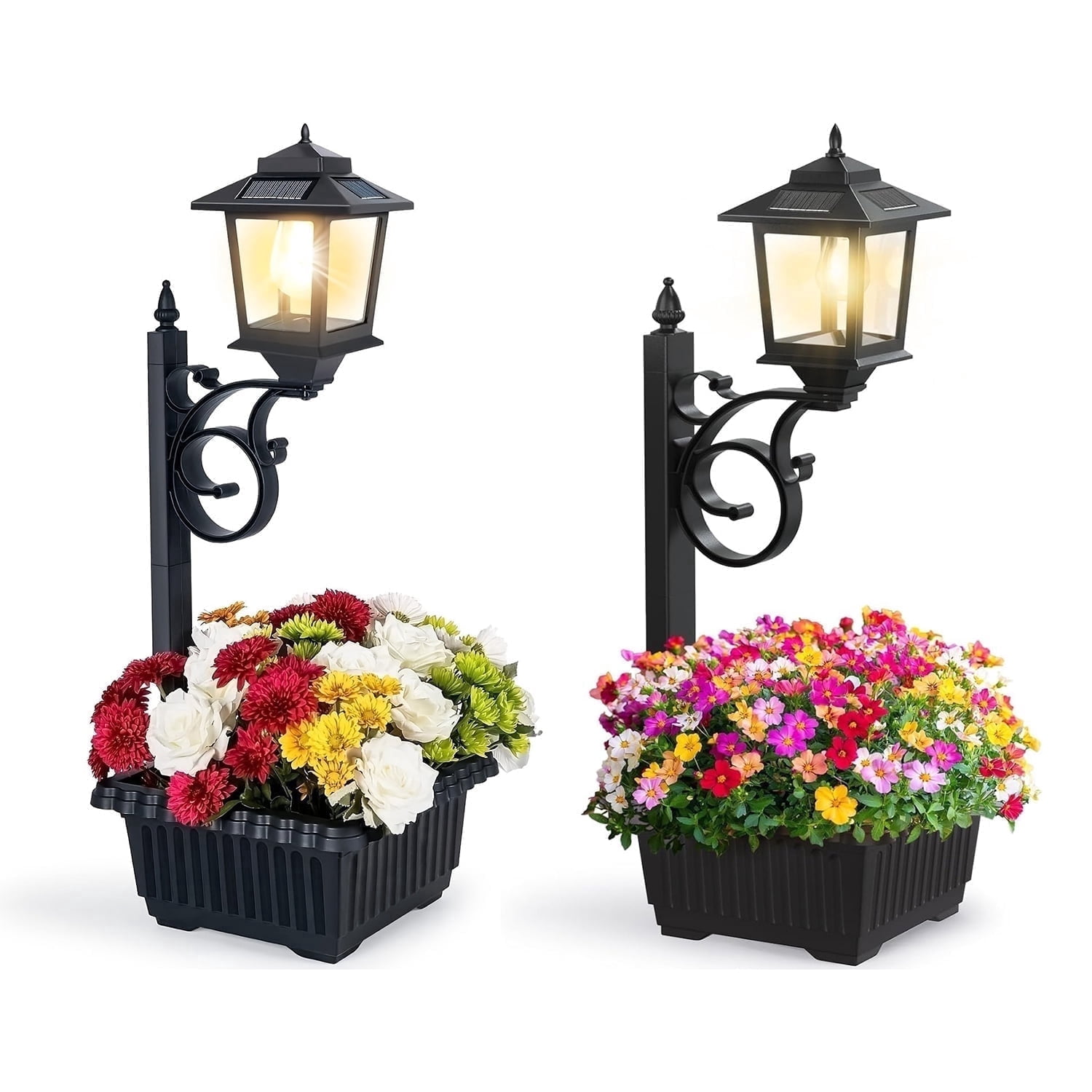 2 pack Solar Lamp Post Light with Planter, Waterproof 2 in 1 Outdoor Flower Pots for Lawn, Garden, Patio