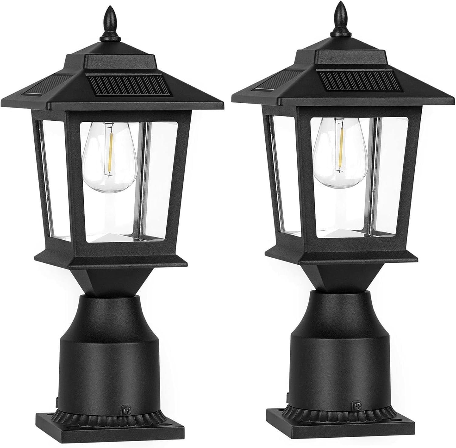 Eco- 2 Pack Solar Post Lights Outdoor, 3000K Warm White Waterproof Fence Post Solar Lights with Pier Mount Base for Yard