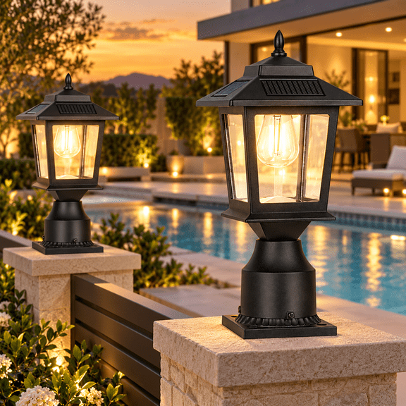 HOODINK 2 Pack Solar Post Lights Outdoor, 3000K Warm White Waterproof Fence Post Solar Lights with Pier Mount Base for Yard