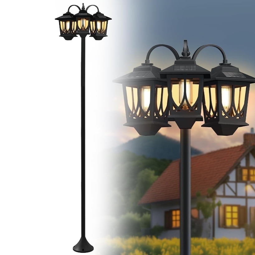 HOODINK 3-Head Solar Outdoor Lamp Post Lights, 73" 60 Lumens Solar Lights Outdoor Waterproof for Garden