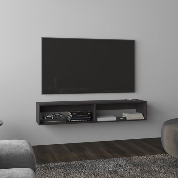 FunMay Black Wood Floating TV Stand with Rectangular Shelves, 59" Wide