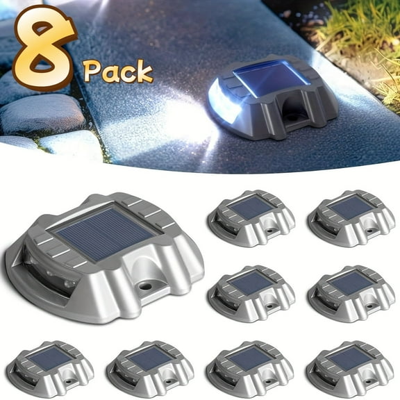 HOODINK 8 Pack Solar Driveway Lights, Waterproof Fence Lights Solar Powered with Switch for Path, Walkway, Bright White