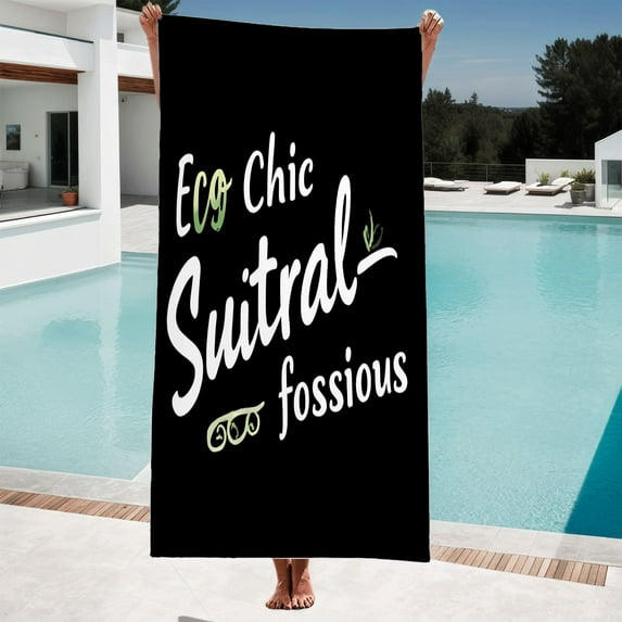Eco Chic Beach Towel - Stylish Black with White & Green Text Decorative ...