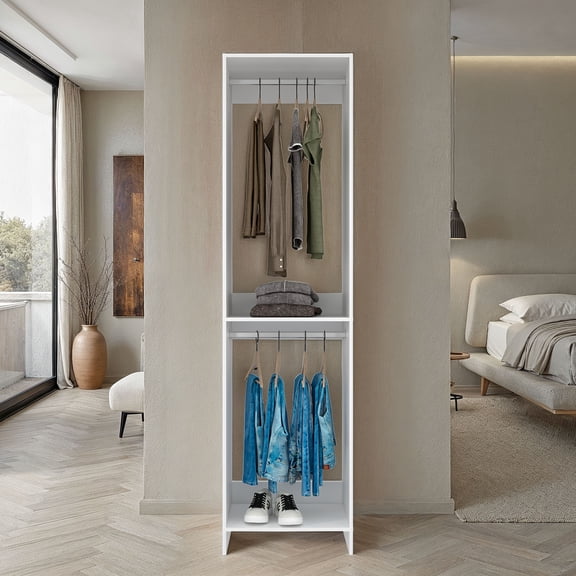 Eco Closet 2-Rod Wardrobe Organizer, Double Hanging Sections with Open Shelf, Space-Saving Freestanding Closet System, Engineered Wood