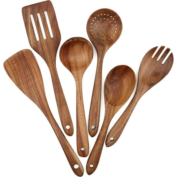 Eco-Conscious Teak Wood Cooking Utensils, Durable Non-Stick Kitchen Tools, Comfort Grip Set for Gourmet Chefs, 6-Piece, Heat Safe, Unique Texture, Non-Stick Compatible, Easy to