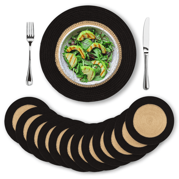 Eco Crave Jute Round Placemats Set of 12 – Hand Woven Natural Beige Jute with Black Rim, 13 Inch Farmhouse Rustic Dining Drawstring Table Mats, Wicker Heat Resistant Durable Eco-Friendly Table Decor
