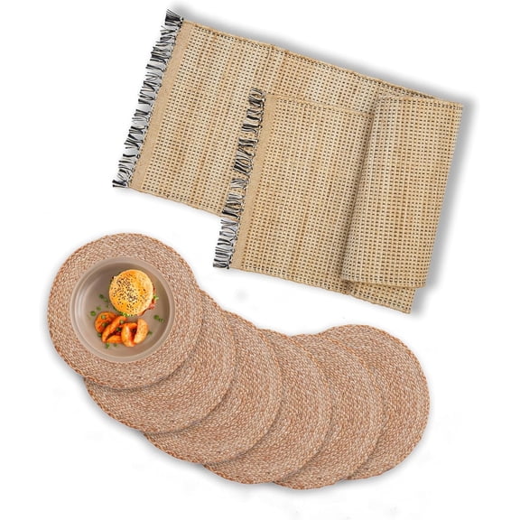 Eco Crave Jute Table Runner (55"x12") and Placemats Set of 4 - 13" Handwoven Natural Round Heat Resistant Boho Heat Resistant Rustic Dining Decor