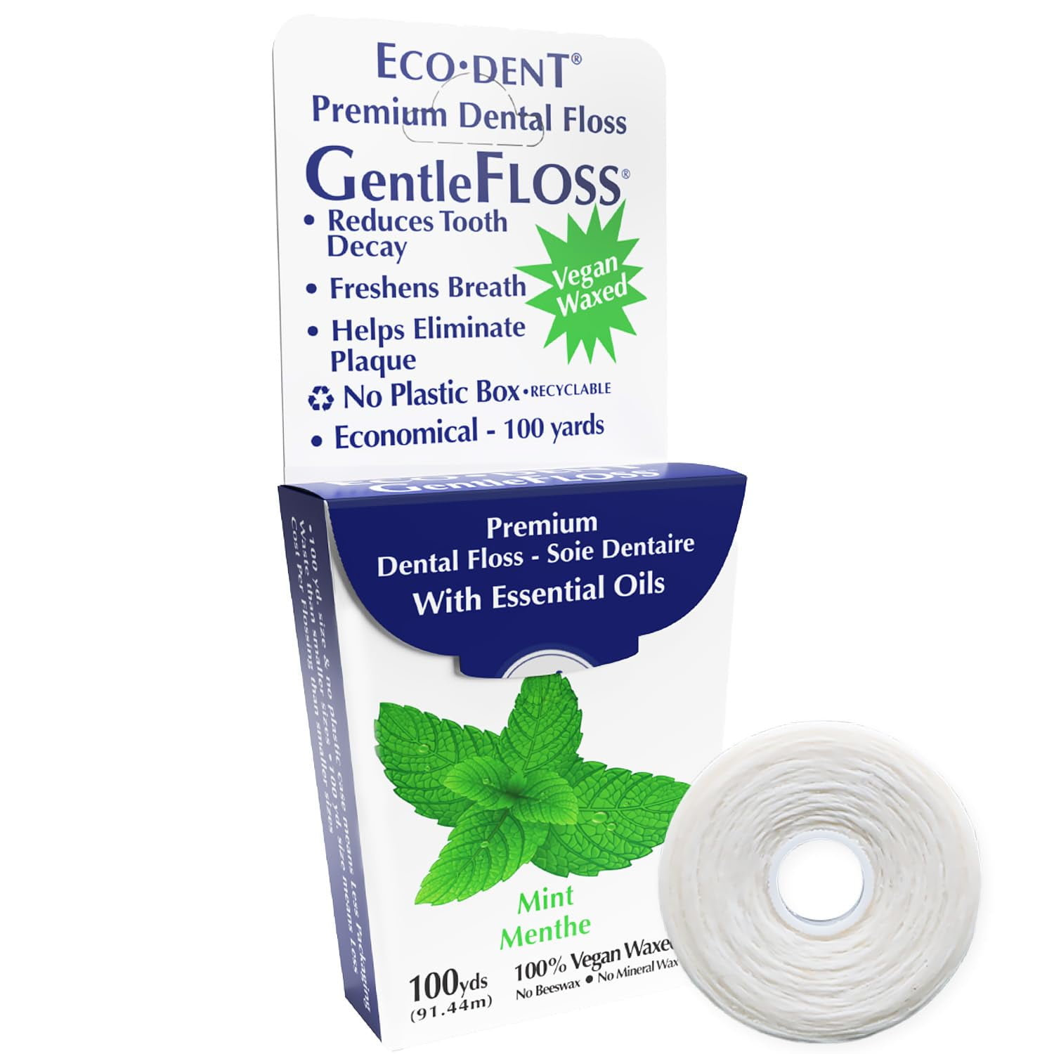 EcoDent GentleFloss Dental Floss, Waxed, Mint Floss with Vegan Plant